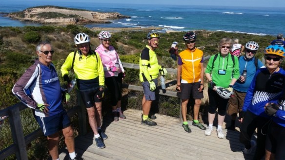 The next day (Thursday) we drove to Beachport and rode to the base of the Cape Martin Lighthouse. From here, it was a short walk through the sand-hills to a viewing platform, where another group photo was taken by Geoffrey.